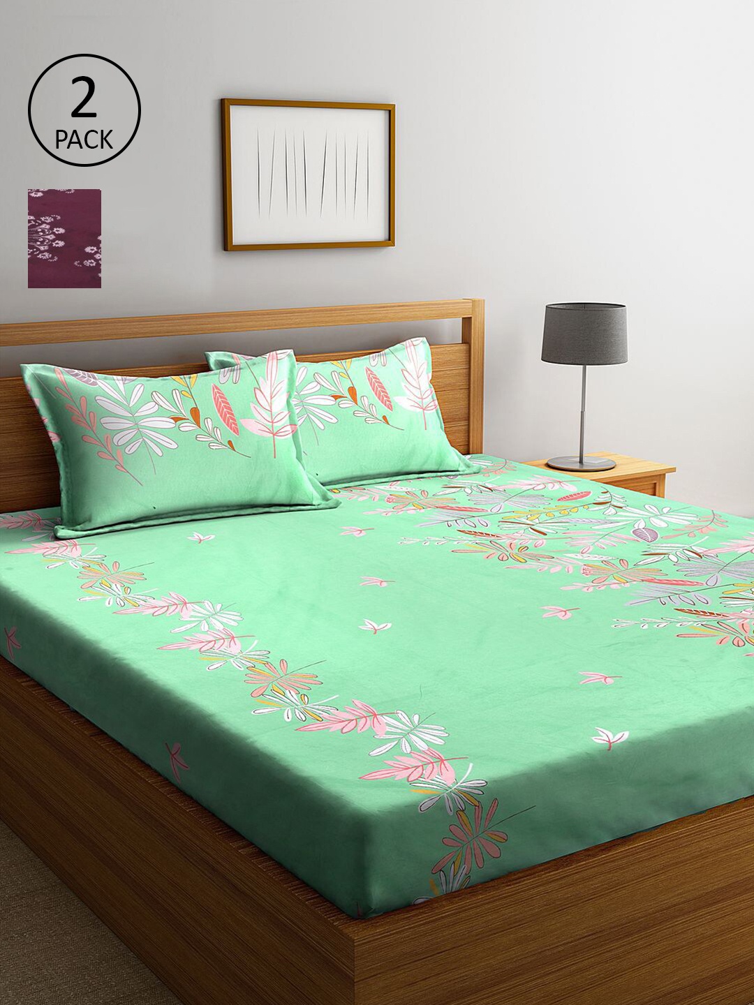 

KLOTTHE Green & Burgundy Floral 210 TC 2 King Bedsheet with 4 Pillow Covers