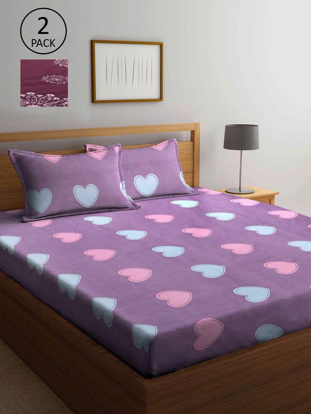

KLOTTHE Burgundy & Purple 210 TC 2 King Bedsheet with 4 Pillow Covers