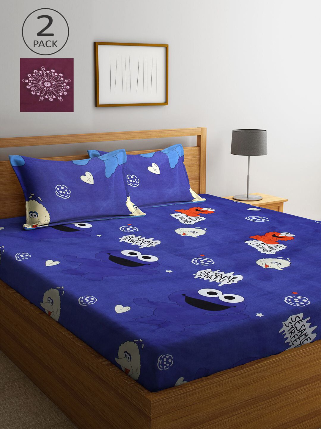 

KLOTTHE Burgundy & Blue Cartoon Characters 210 TC 2 King Bedsheet with 4 Pillow Covers