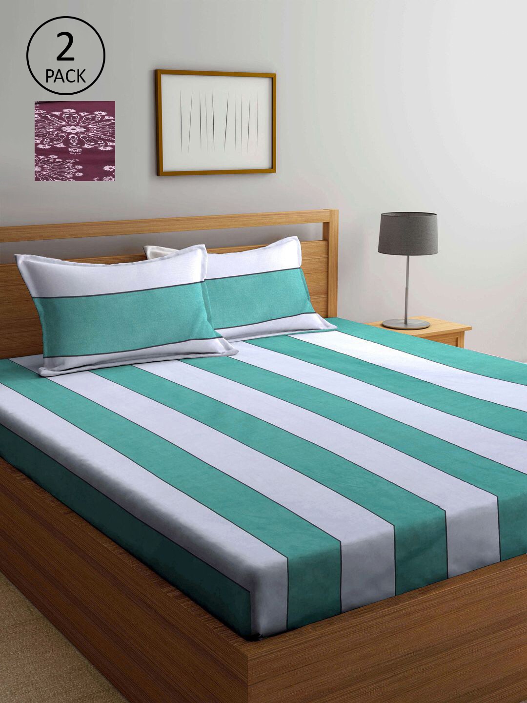 

KLOTTHE Burgundy & Green Striped 210 TC 2 King Bedsheet with 4 Pillow Covers