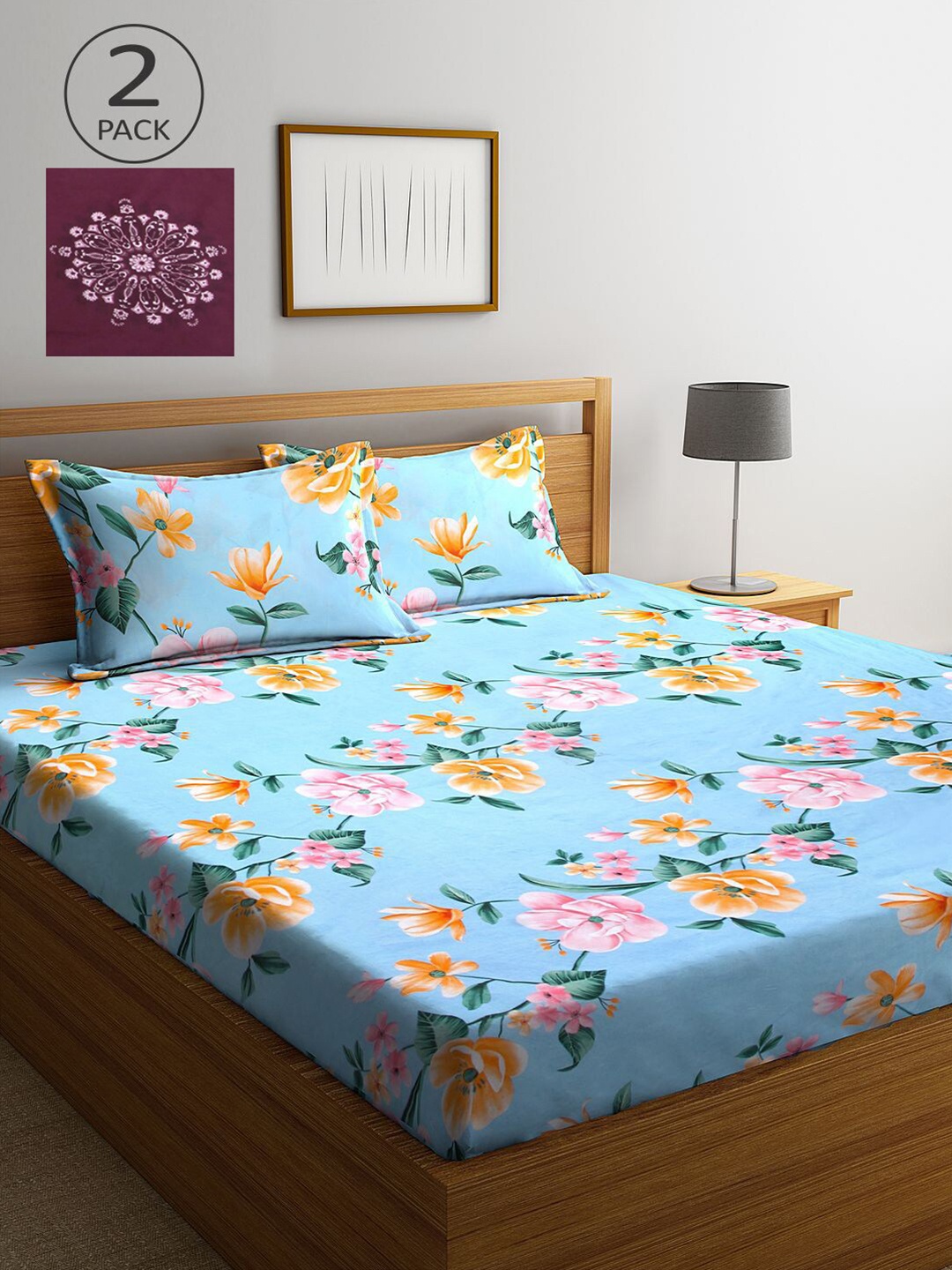 

KLOTTHE Burgundy & Blue Floral 210 TC 2 King Bedsheet with 4 Pillow Covers