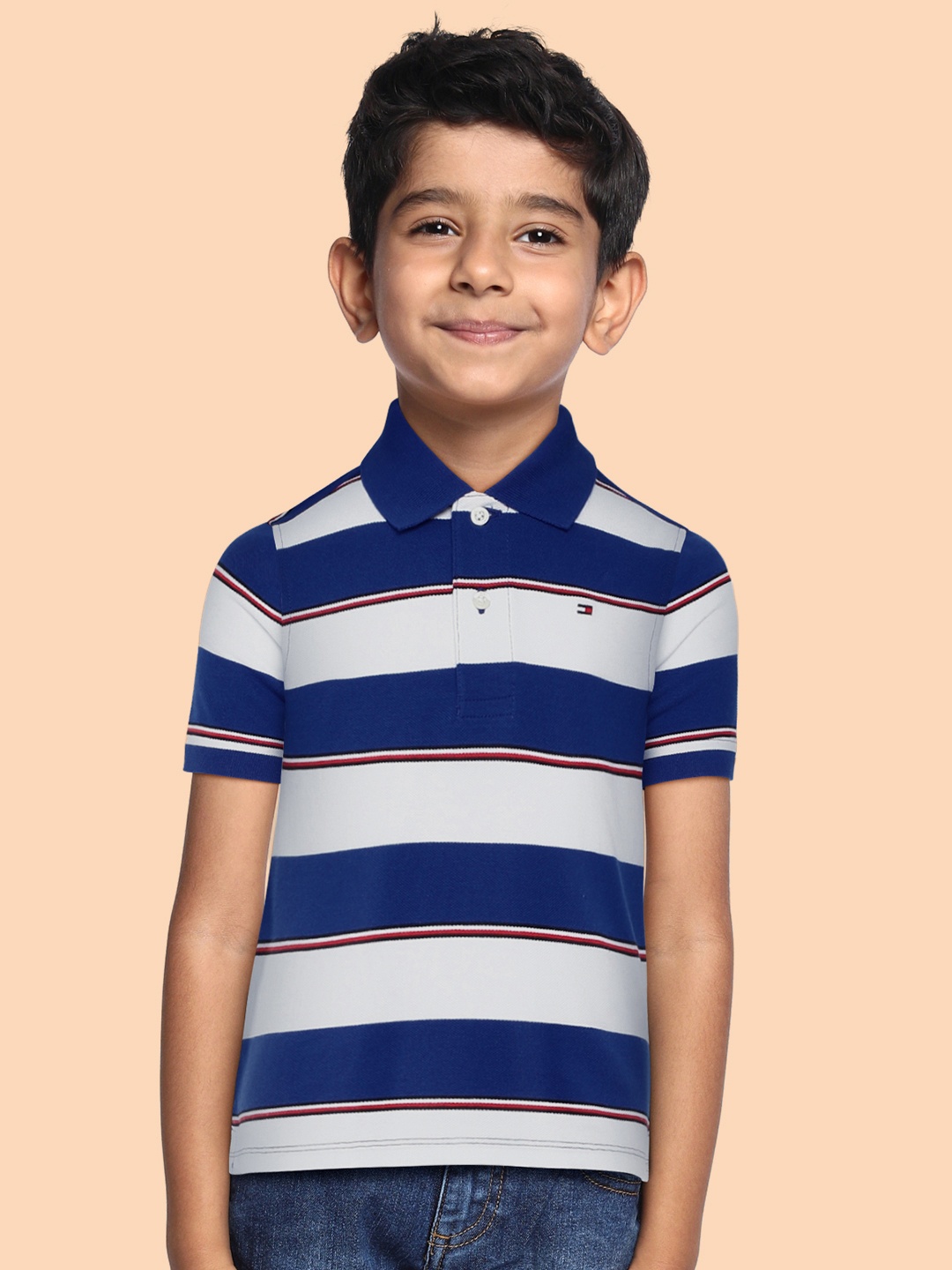 

Tommy Hilfiger Boys Navy Blue & White Striped Polo Collar Pure Cotton T-shirt