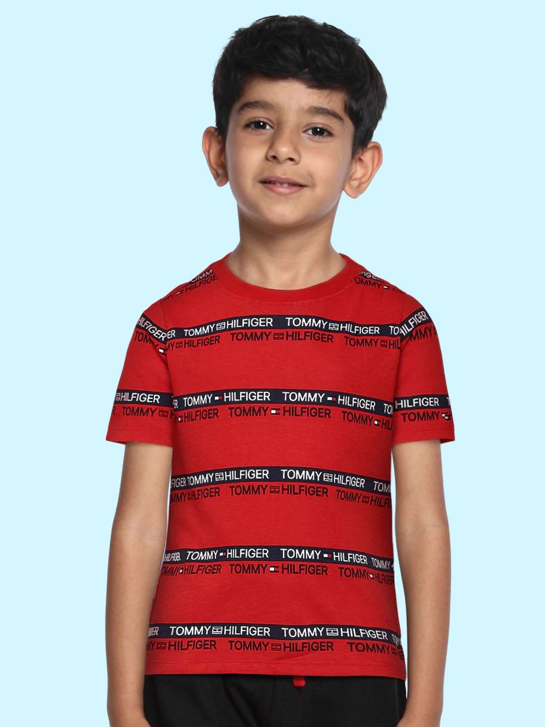 

Tommy Hilfiger Boys Red Brand Logo Striped Pure Cotton T-shirt