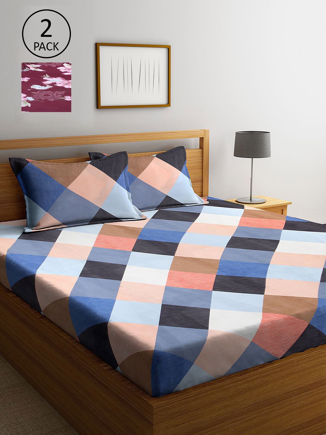 

KLOTTHE Blue & Peach-Coloured Geometric 210 TC 2 King Bedsheet with 4 Pillow Covers