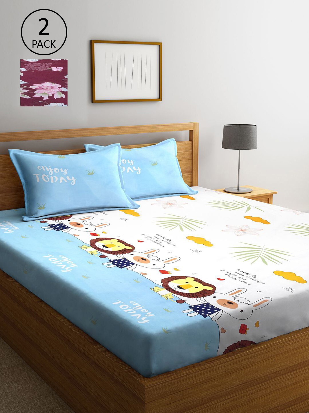 

KLOTTHE Blue & White Cartoon Characters 210 TC 2 King Bedsheet with 4 Pillow Covers