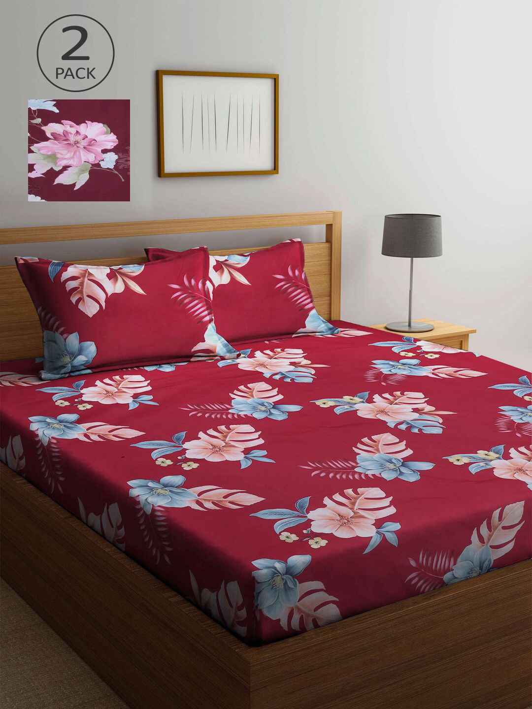

KLOTTHE Maroon & Pink Floral 210 TC 2 King Bedsheet with 4 Pillow Covers