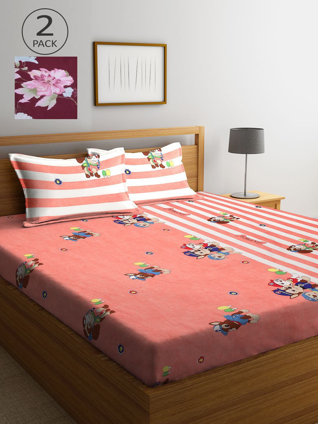 

KLOTTHE Multicoloured Cartoon Characters 210 TC 2 King Bedsheet with 4 Pillow Covers, Multi