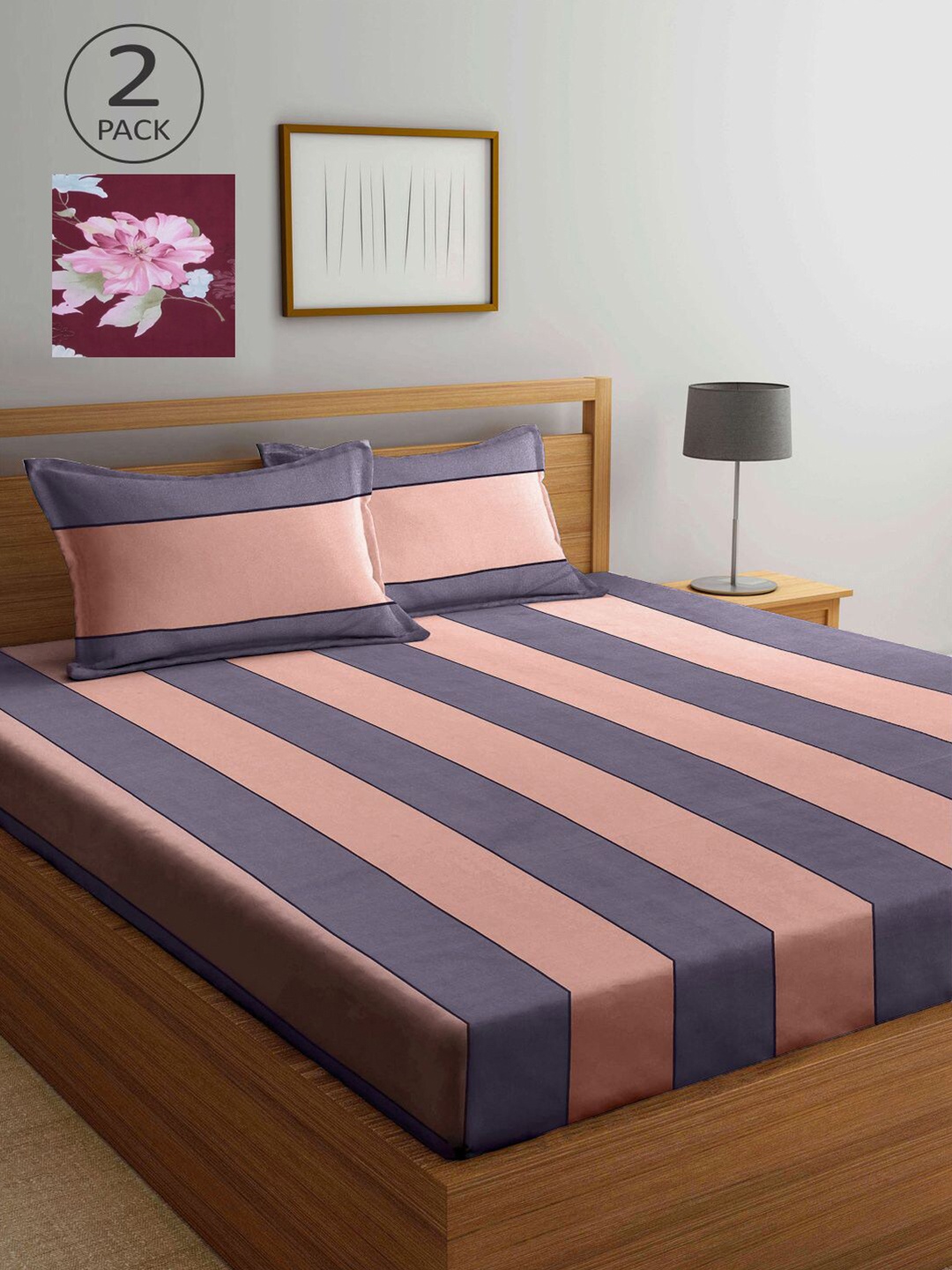 

KLOTTHE Blue & Pink Striped 210 TC 2 King Bedsheet with 4 Pillow Covers