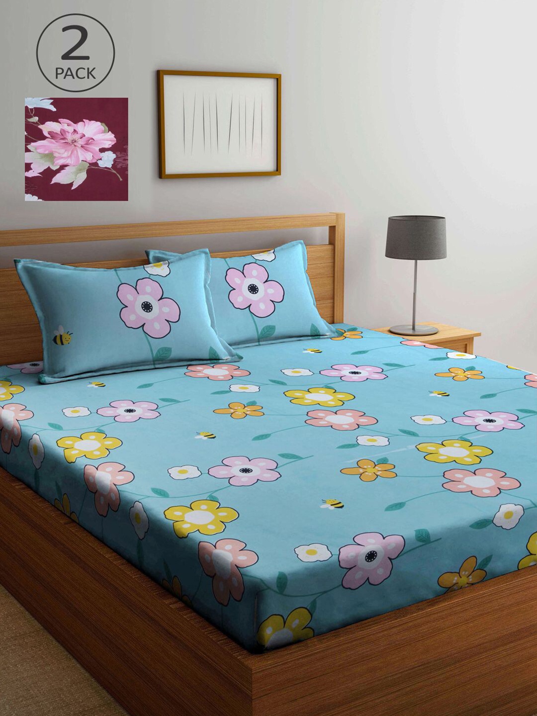 

KLOTTHE Multicoloured Floral 210 TC 2 King Bedsheet with 4 Pillow Covers, Multi