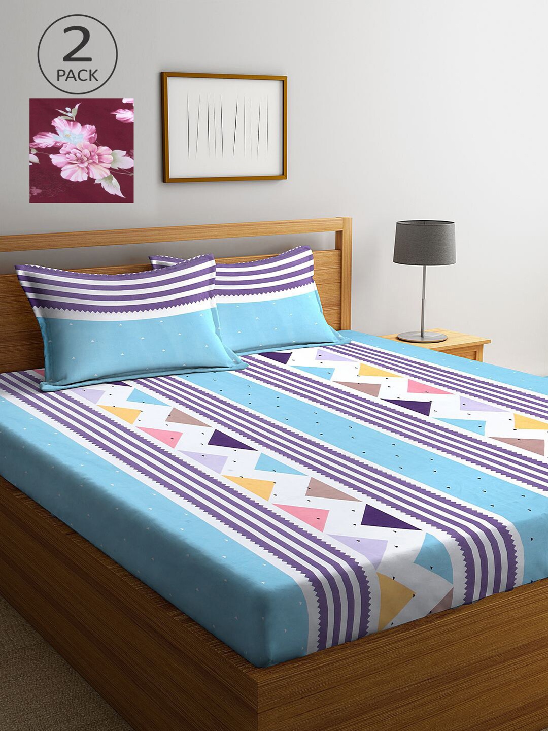 

KLOTTHE Blue & Maroon Striped 210 TC 2 King Bedsheet with 4 Pillow Covers