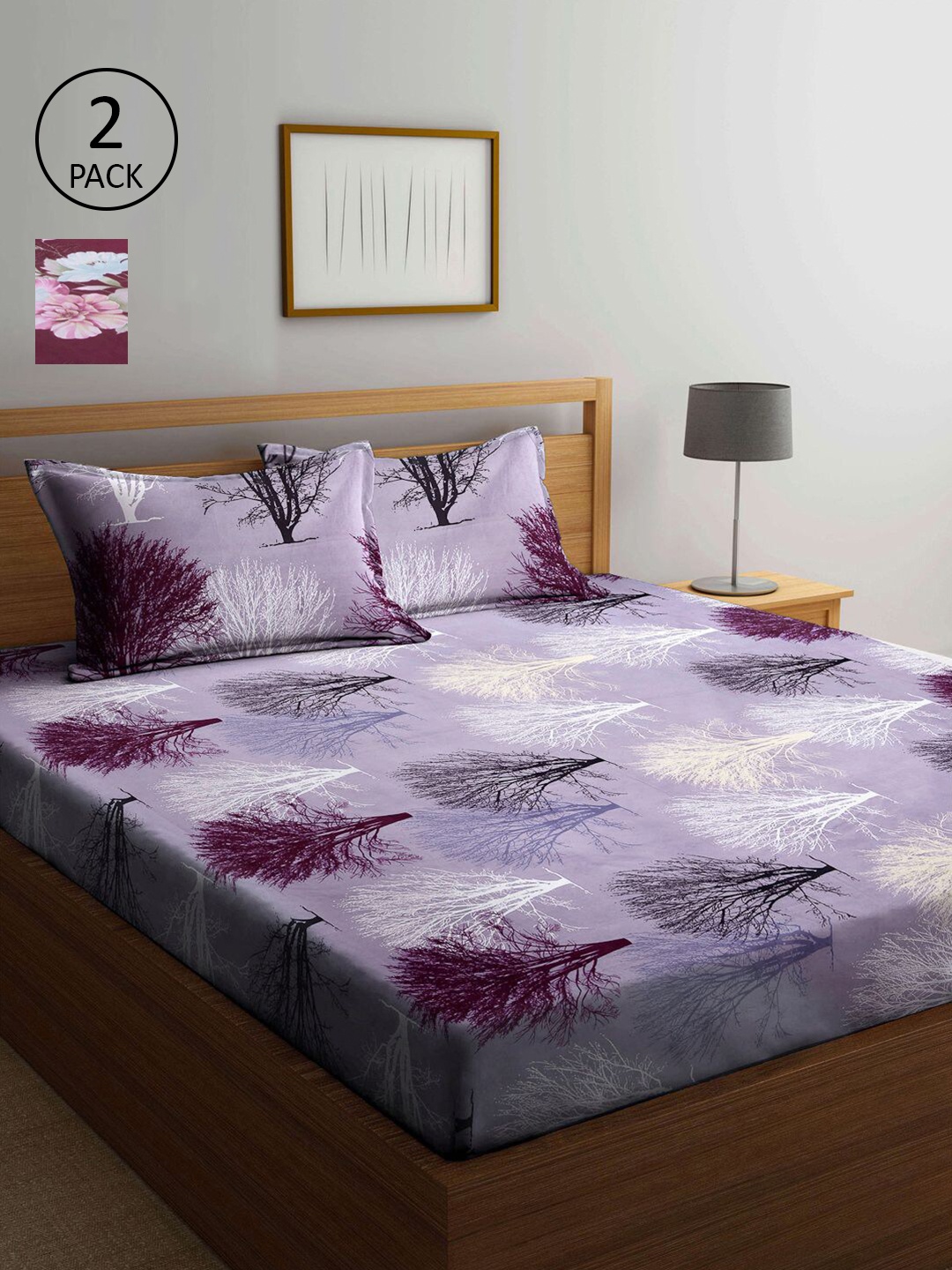 

KLOTTHE Lavender & Maroon Floral 210 TC 2 King Bedsheet with 4 Pillow Covers