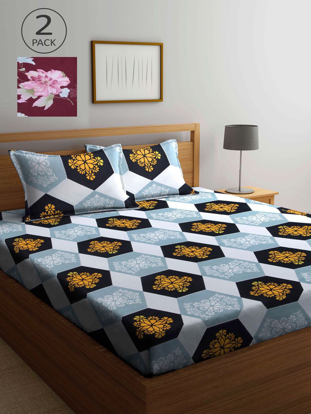 

KLOTTHE Blue & Maroon Geometric 210 TC 2 King Bedsheet with 4 Pillow Covers