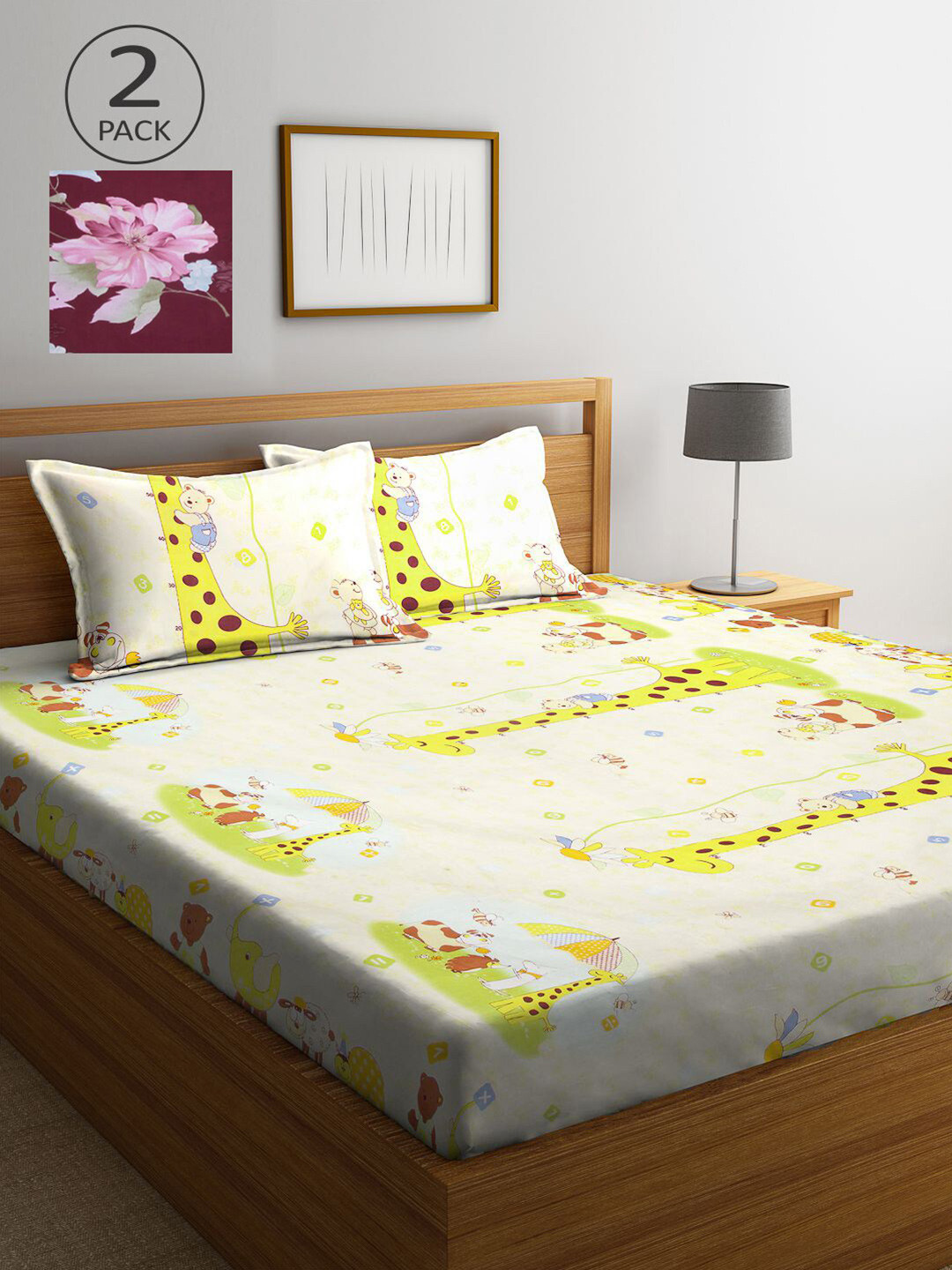 

KLOTTHE Yellow & Maroon Cartoon Characters 210 TC 2 King Bedsheet with 4 Pillow Covers