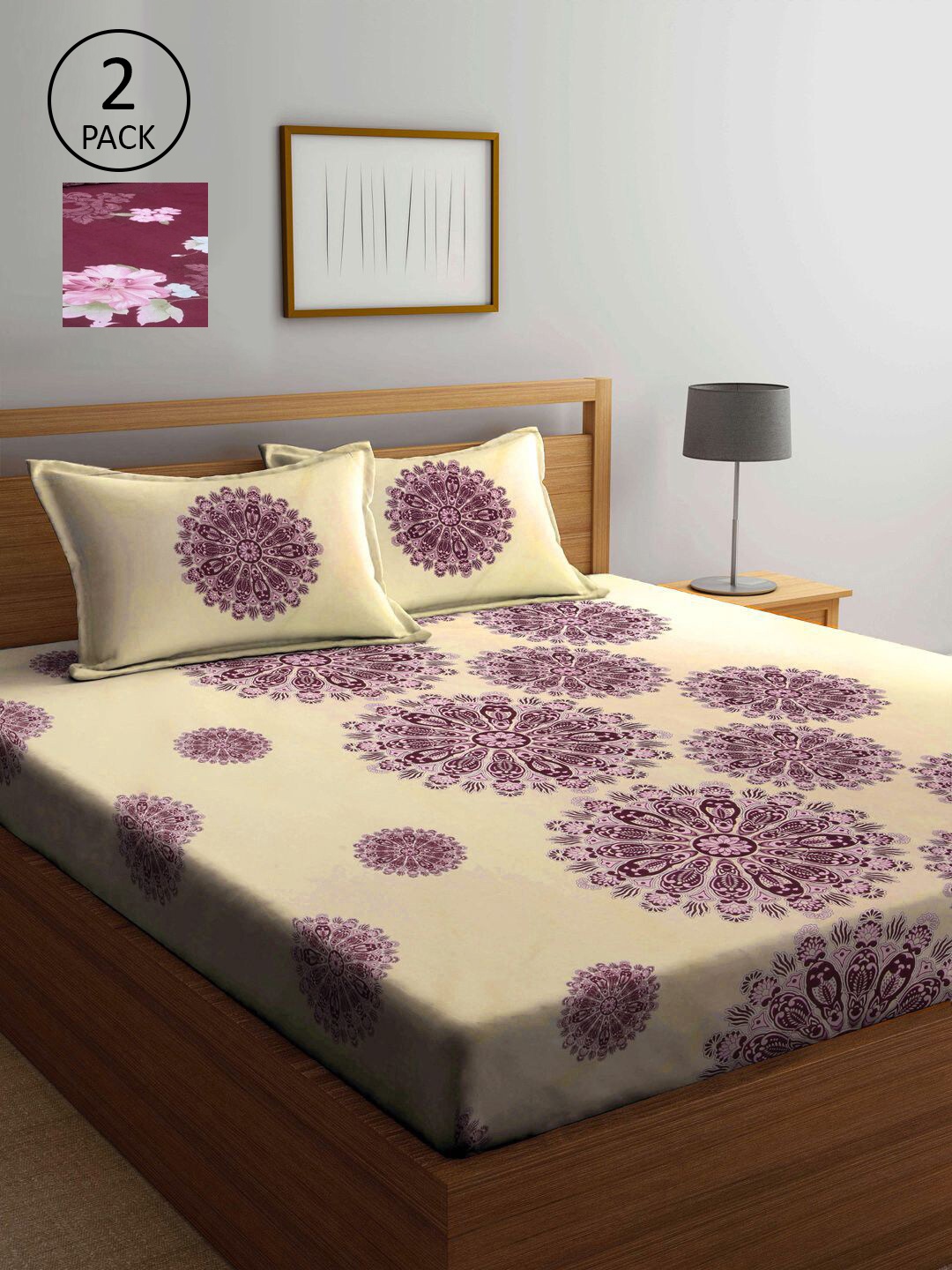 

KLOTTHE Beige & Maroon Geometric 210 TC 2 King Bedsheet with 4 Pillow Covers