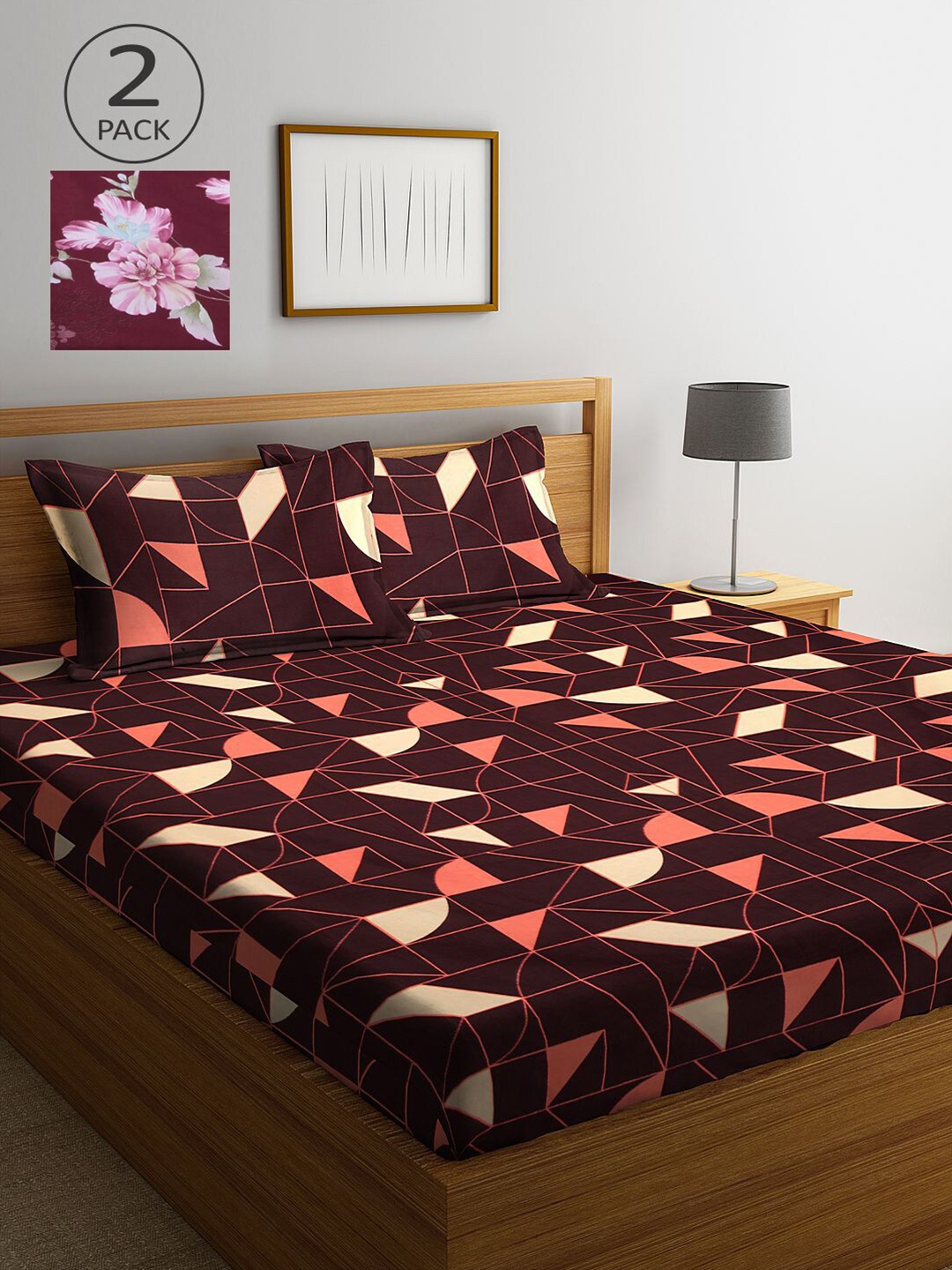 

KLOTTHE Brown & Pink Geometric 210 TC 2 King Bedsheet with 4 Pillow Covers