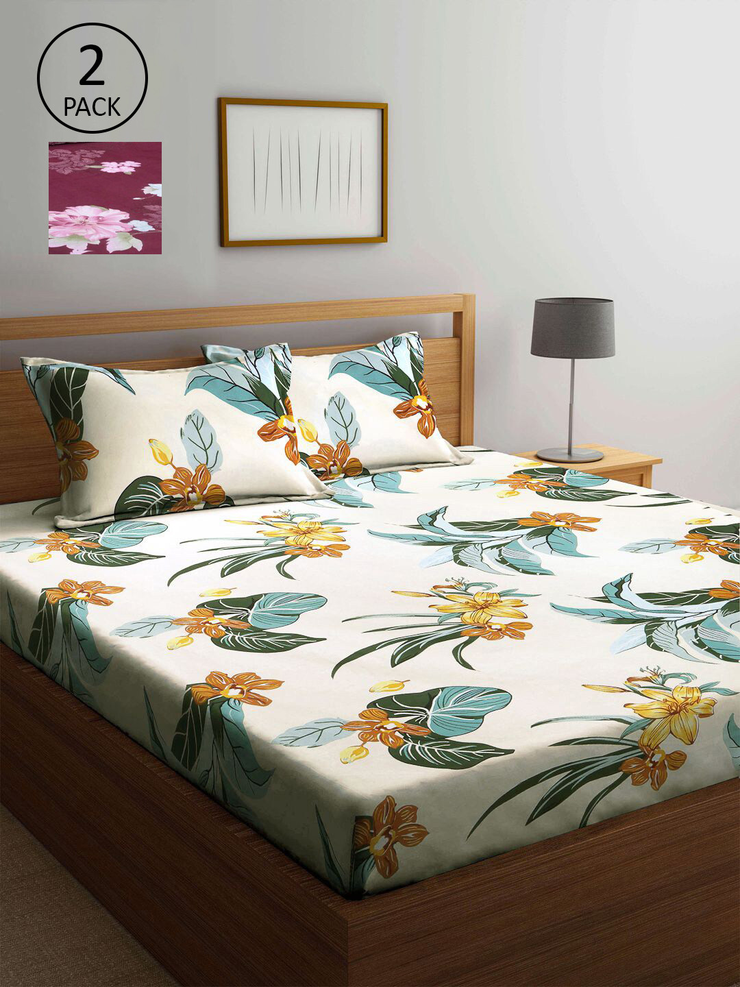

KLOTTHE Off White & Maroon Floral 210 TC 2 King Bedsheet with 4 Pillow Covers