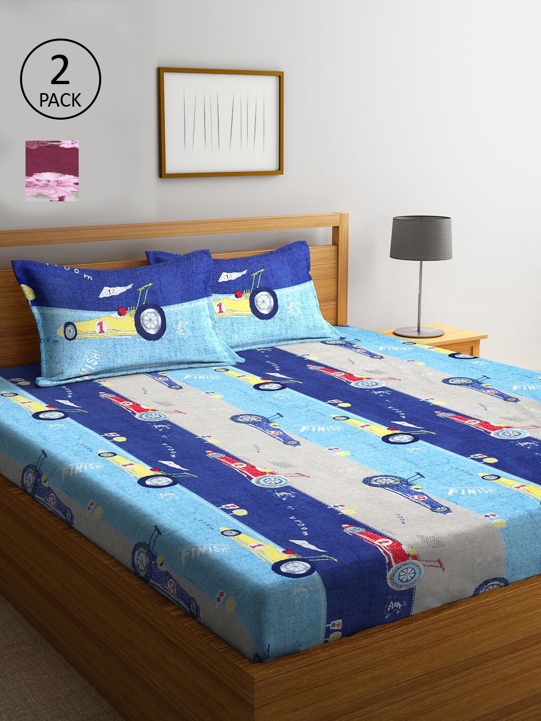 

KLOTTHE Blue & Maroon Cartoon Characters 210 TC 2 King Bedsheet with 4 Pillow Covers