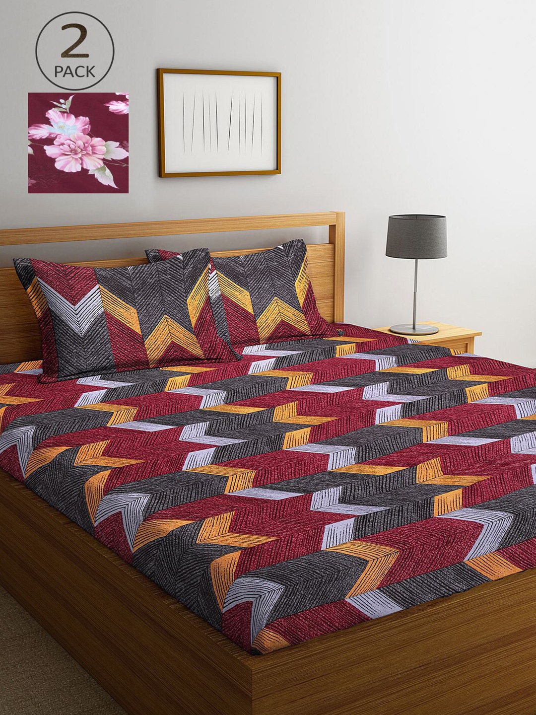 

KLOTTHE Maroon & Grey Geometric 210 TC 2 King Bedsheet with 4 Pillow Covers