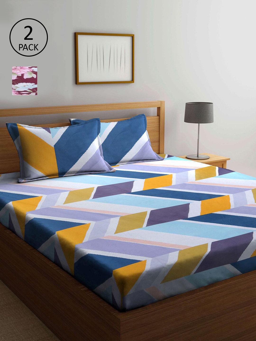 

KLOTTHE Blue & Yellow Geometric 210 TC 2 King Bedsheet with 4 Pillow Covers