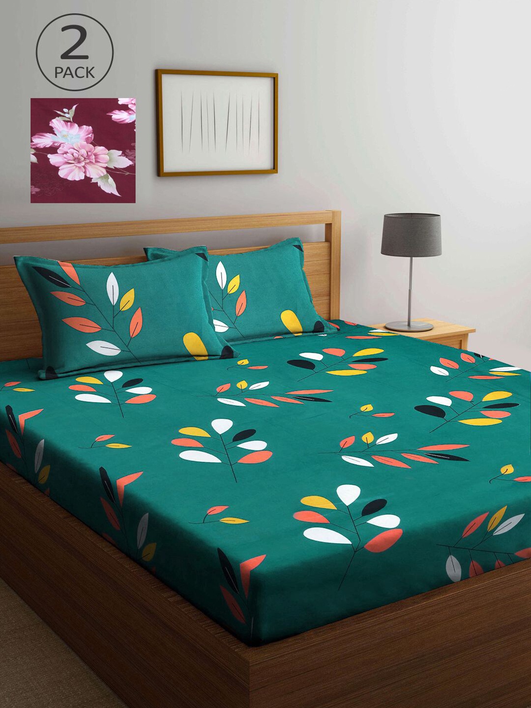 

KLOTTHE Green & Maroon Floral 210 TC 2 King Bedsheet with 4 Pillow Covers