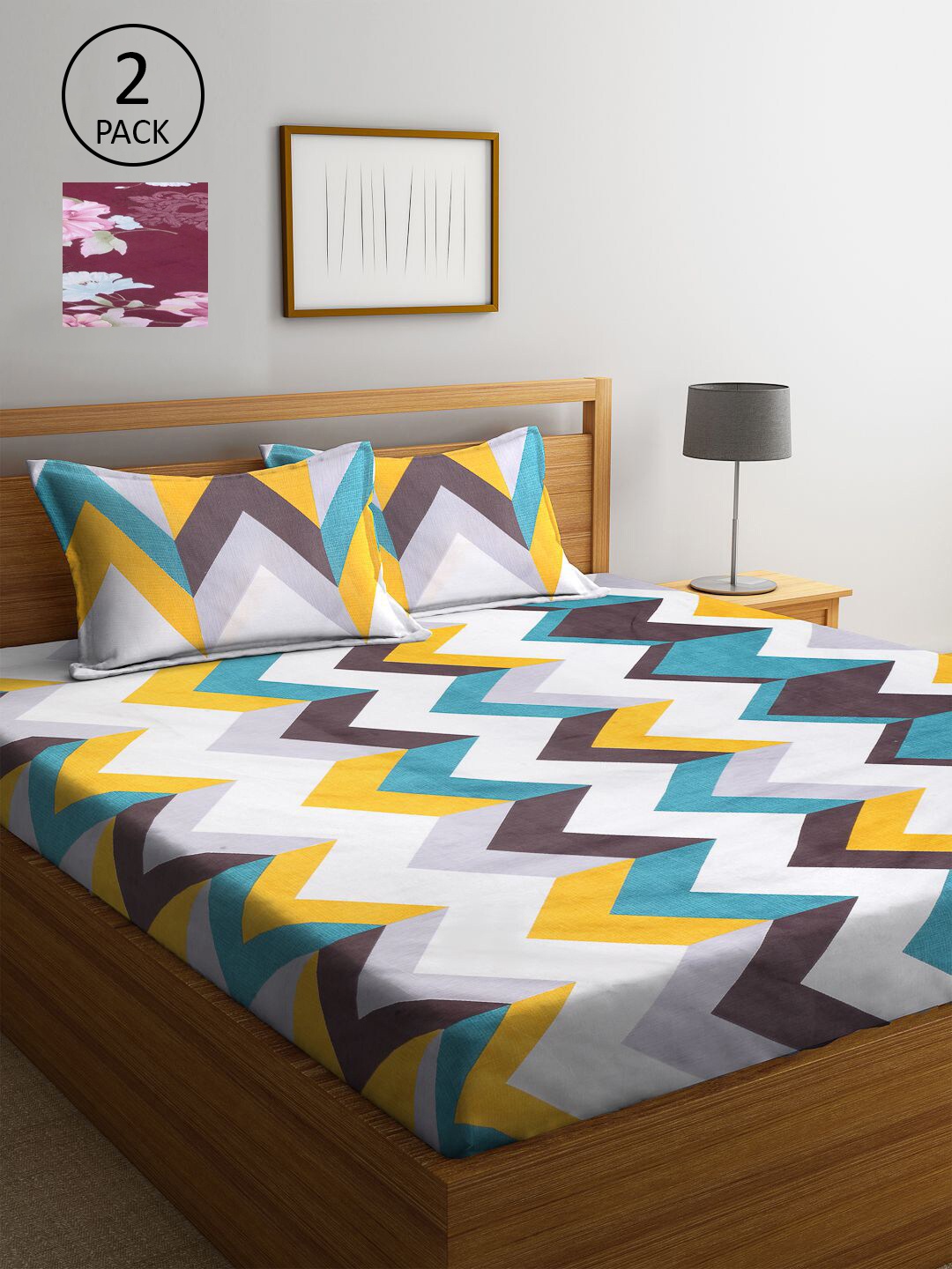 

KLOTTHE White & Yellow Geometric 210 TC 2 King Bedsheet with 4 Pillow Covers