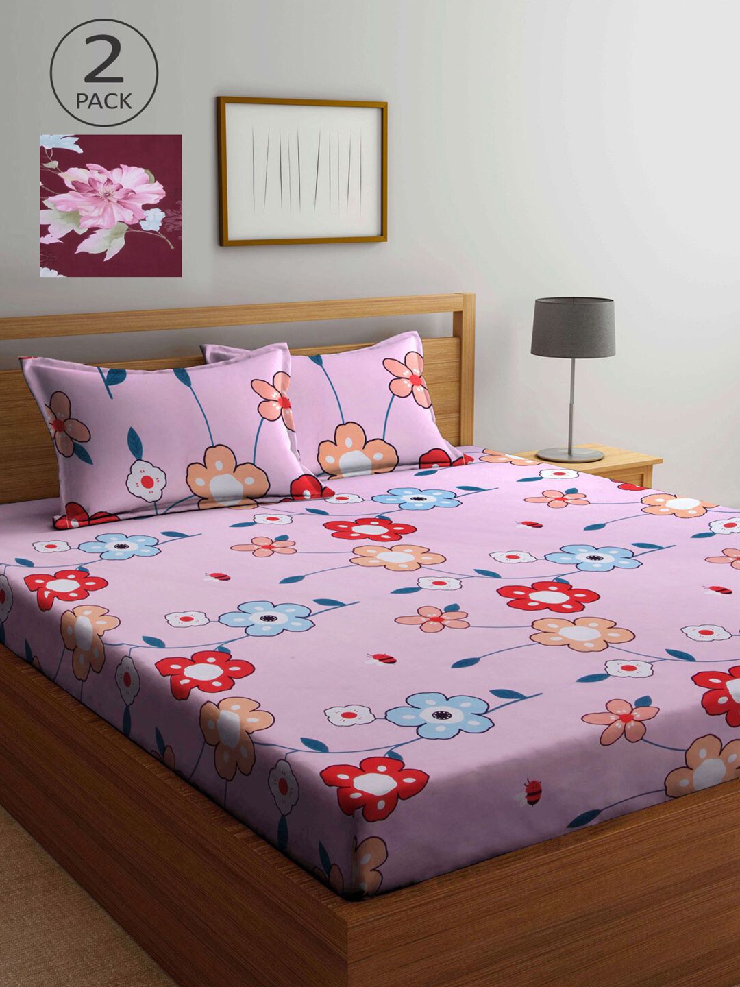 

KLOTTHE Pink & Maroon Floral 210 TC 2 King Bedsheet with 4 Pillow Covers