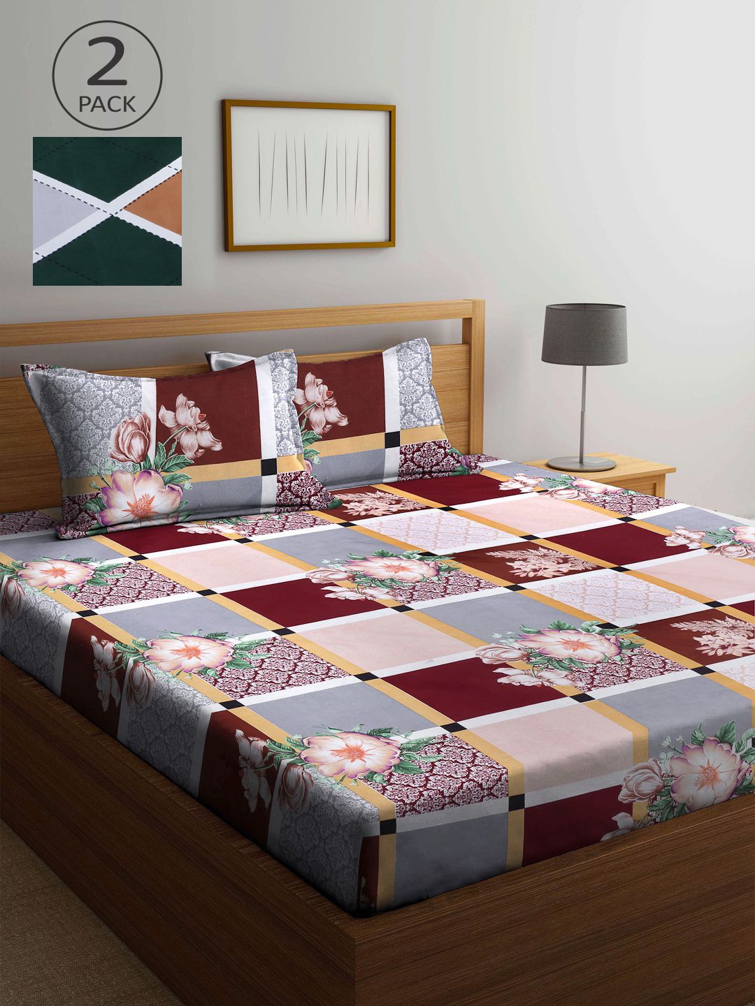 

KLOTTHE Maroon & Green Geometric 210 TC 2 King Bedsheet with 4 Pillow Covers