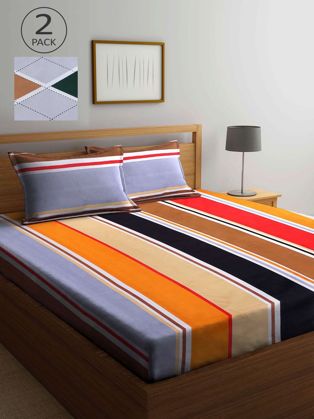 

KLOTTHE Multicoloured Striped 210 TC 2 King Bedsheet with 4 Pillow Covers, Multi