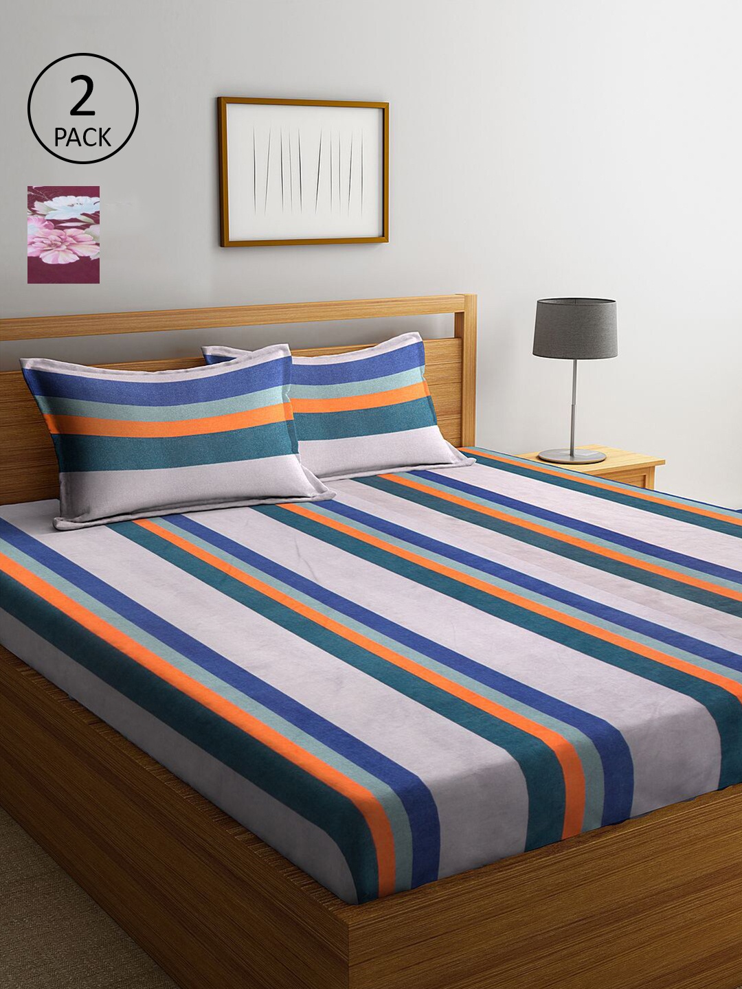 

KLOTTHE Multicoloured Striped 210 TC 2 King Bedsheet with 4 Pillow Covers, Multi