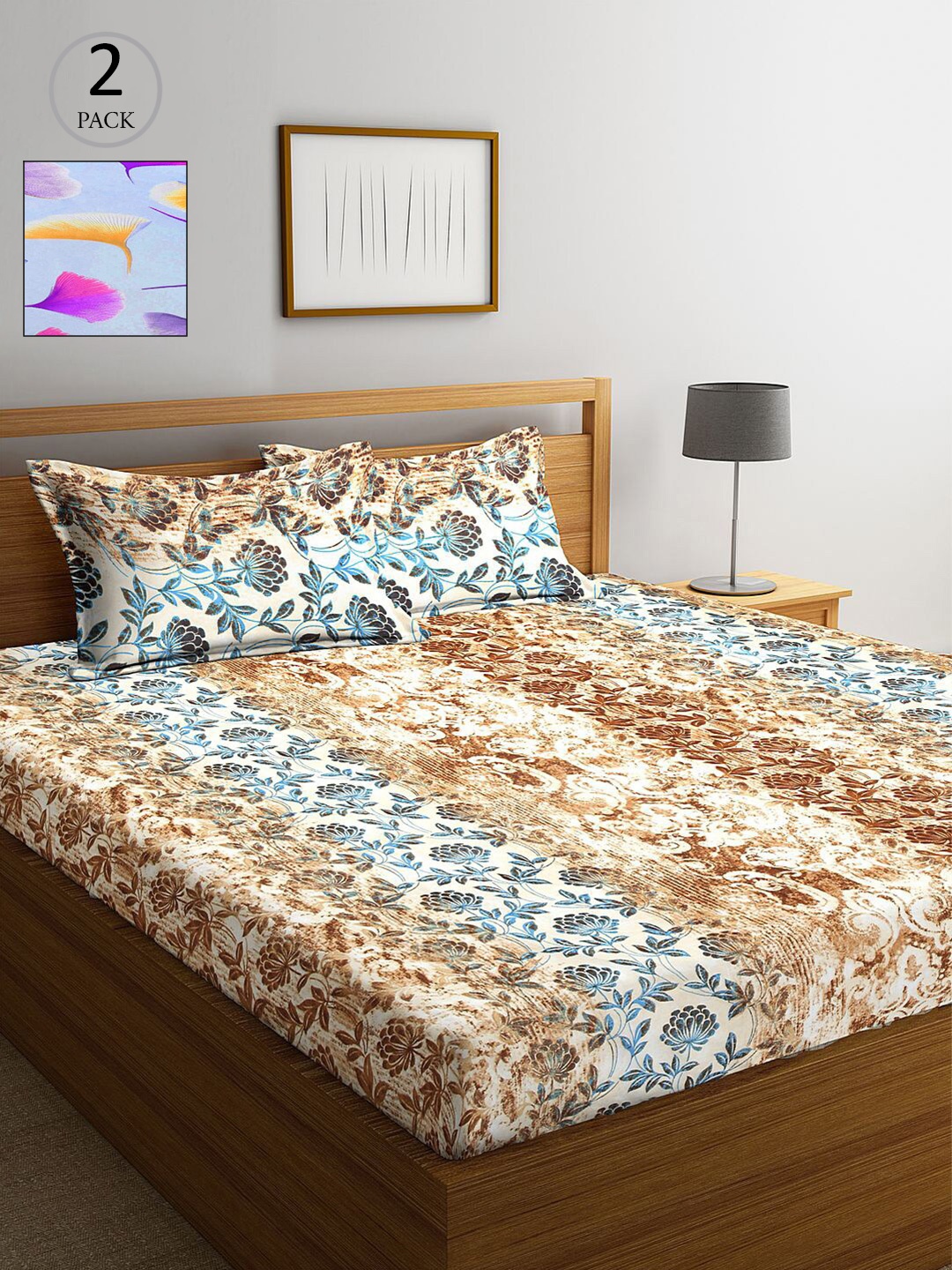 

KLOTTHE Brown & Blue Floral 210 TC 2 King Bedsheet with 4 Pillow Covers