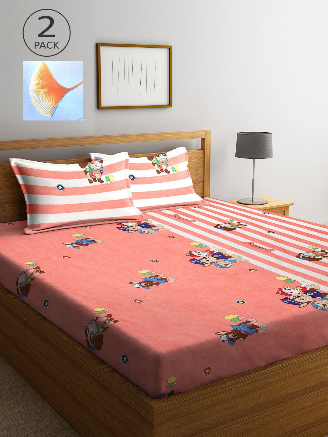 

KLOTTHE Peach-Coloured & Blue Cartoon Characters 210 TC 2 King Bedsheet with 4 Pillow Covers