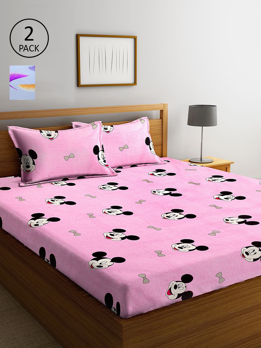 

KLOTTHE Pink & Blue Cartoon Characters 210 TC 2 King Bedsheet with 4 Pillow Covers