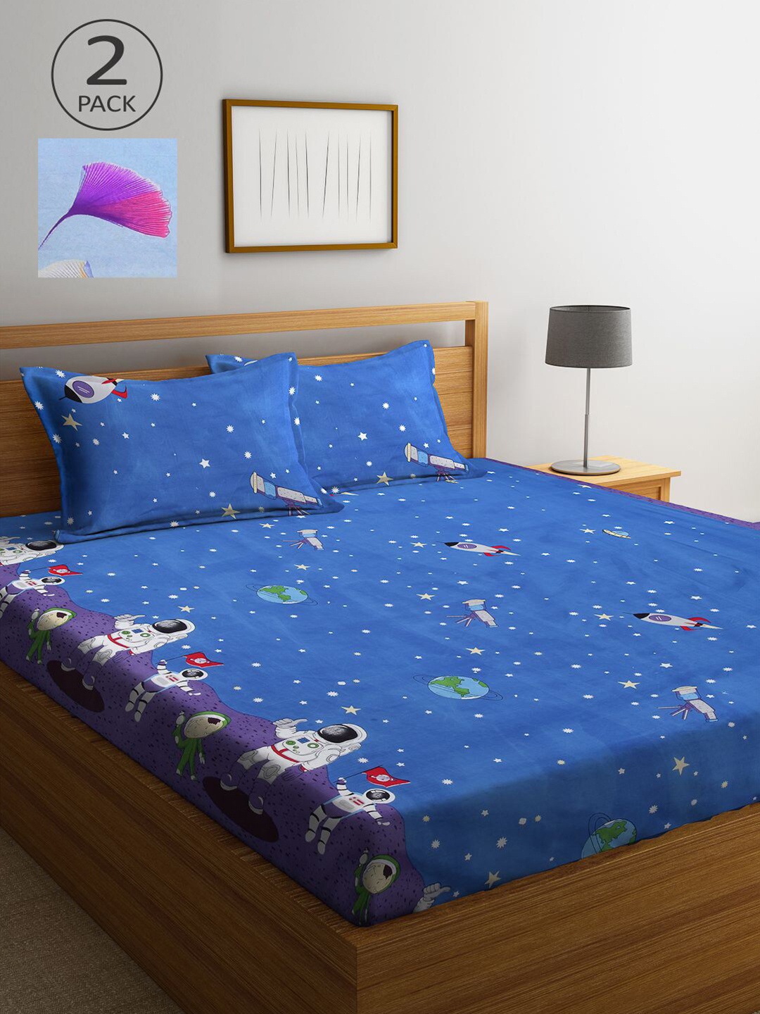 

KLOTTHE Blue & Pink Cartoon Characters 210 TC 2 King Bedsheet with 4 Pillow Covers