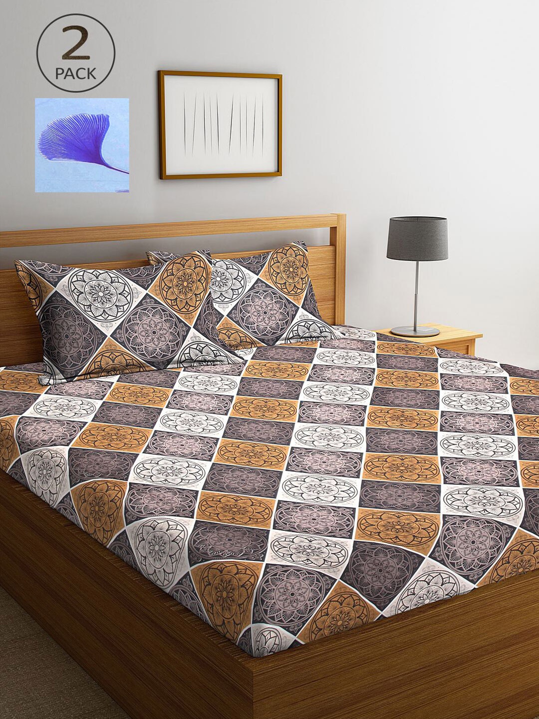 

KLOTTHE Brown & Blue Floral 210 TC 2 King Bedsheet with 4 Pillow Covers