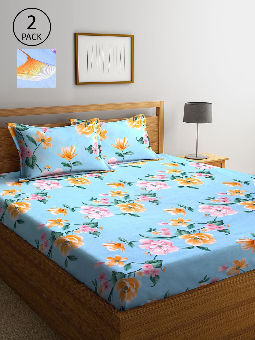 

KLOTTHE Blue & Yellow Floral 210 TC 2 King Bedsheet with 4 Pillow Covers