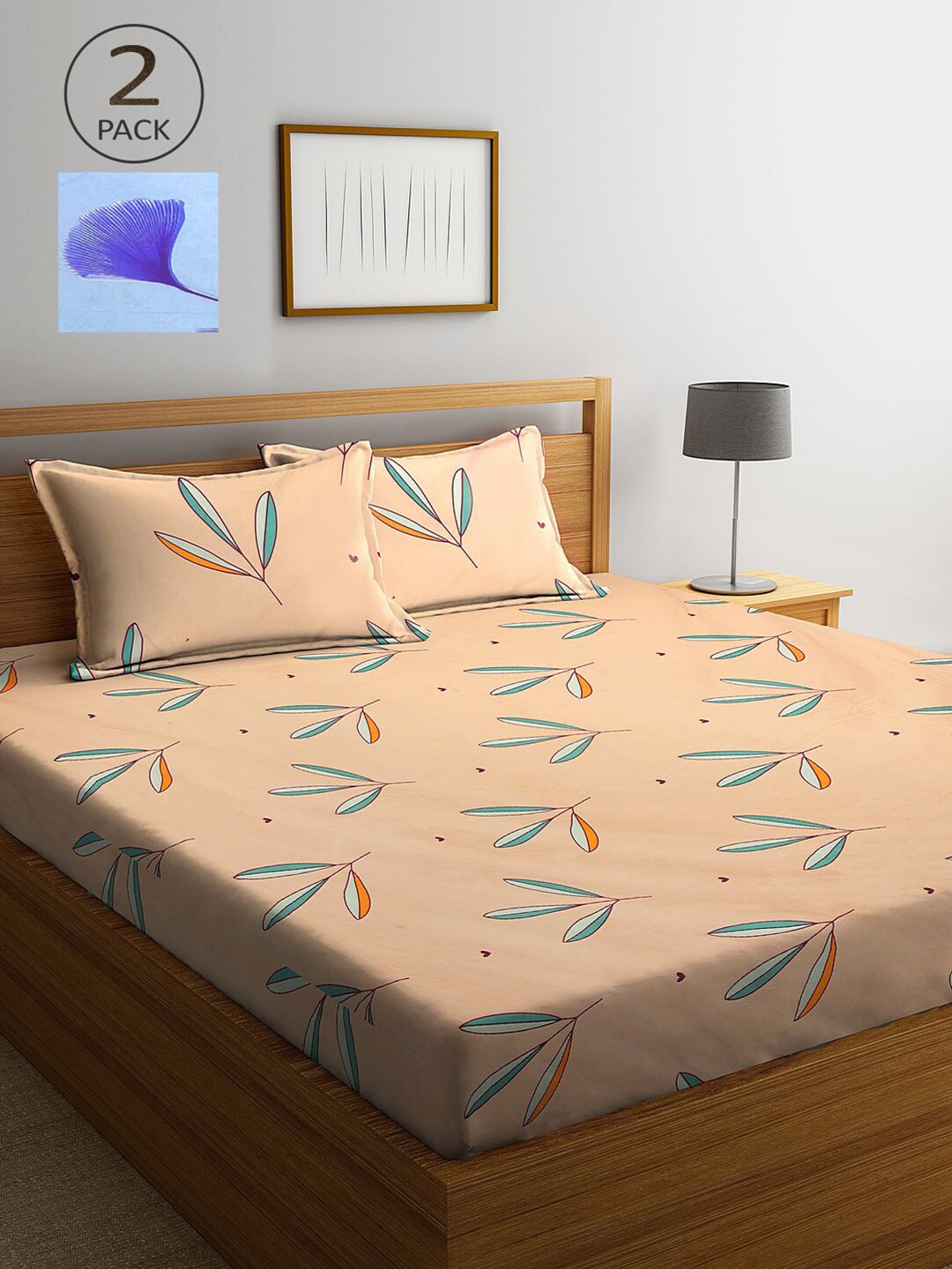 

KLOTTHE Blue & Orange Floral 210 TC 2 King Bedsheet with 4 Pillow Covers
