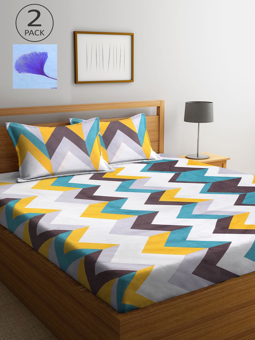 

KLOTTHE White & Yellow Geometric 210 TC 2 King Bedsheet with 4 Pillow Covers