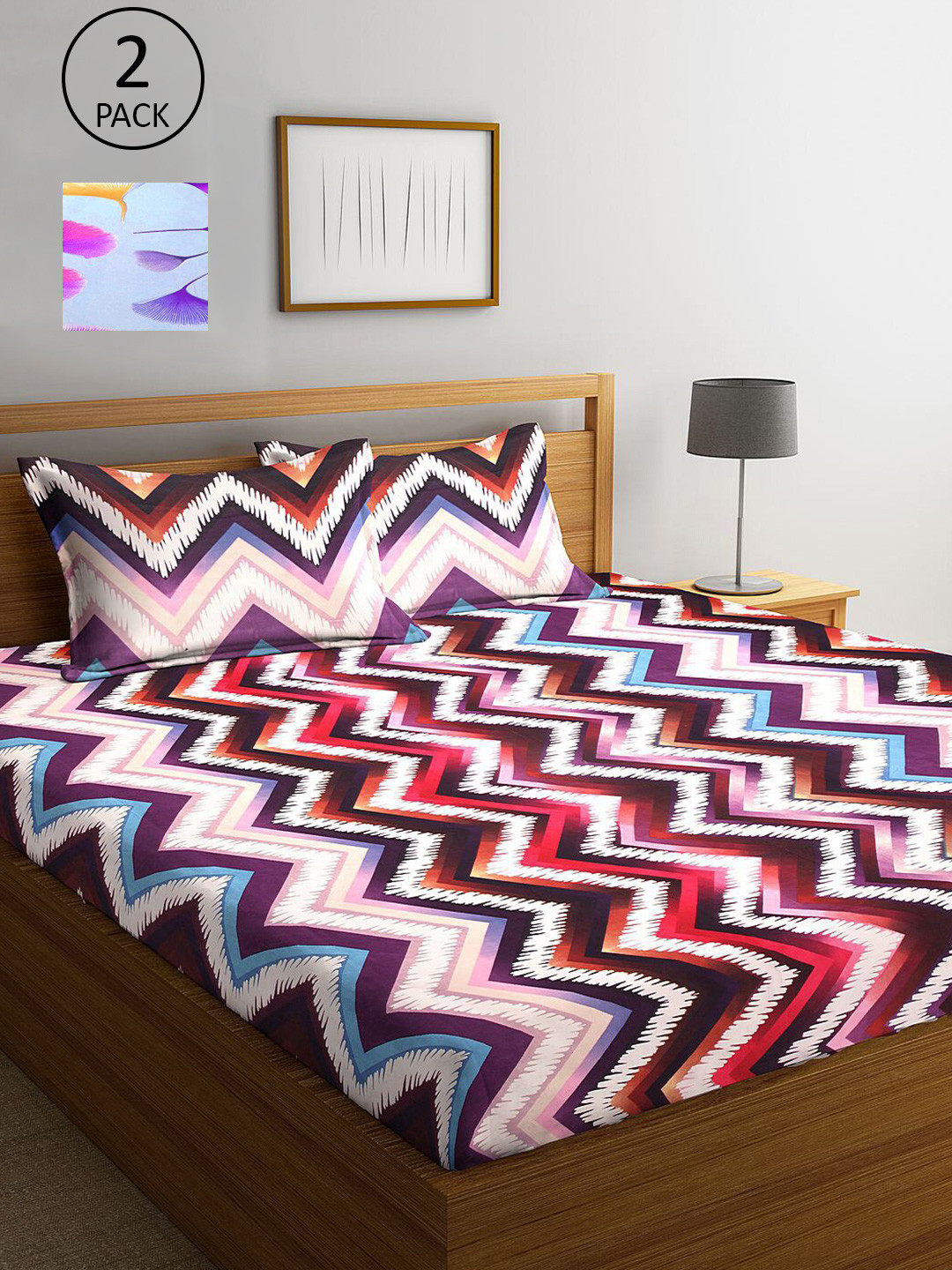 

KLOTTHE Blue & Pink Geometric 210 TC 2 King Bedsheet with 4 Pillow Covers