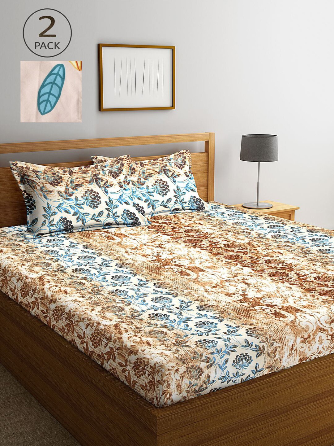 

KLOTTHE Peach-Coloured & Brown Floral 210 TC 2 King Bedsheet with 4 Pillow Covers