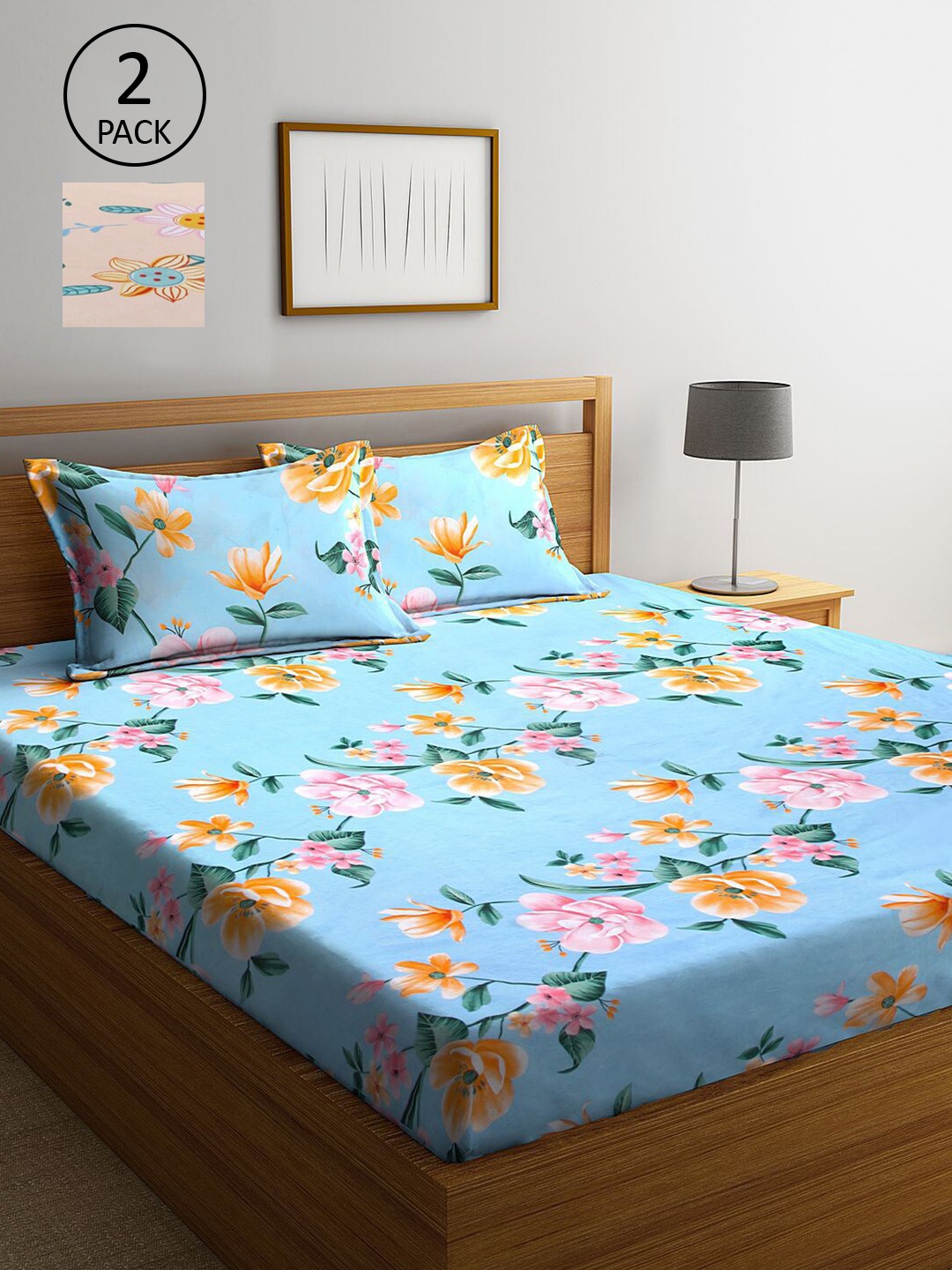 

KLOTTHE Blue & Peach-Coloured Floral 210 TC 2 King Bedsheet with 4 Pillow Covers