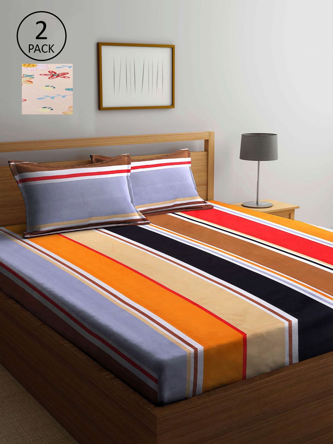 

KLOTTHE Multicoloured Striped 210 TC 2 King Bedsheet with 4 Pillow Covers, Multi
