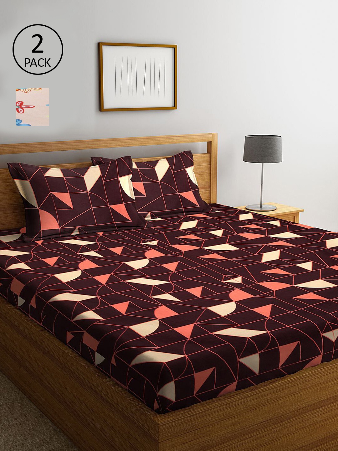 

KLOTTHE Brown & Peach-Coloured Geometric 210 TC 2 King Bedsheet with 4 Pillow Covers