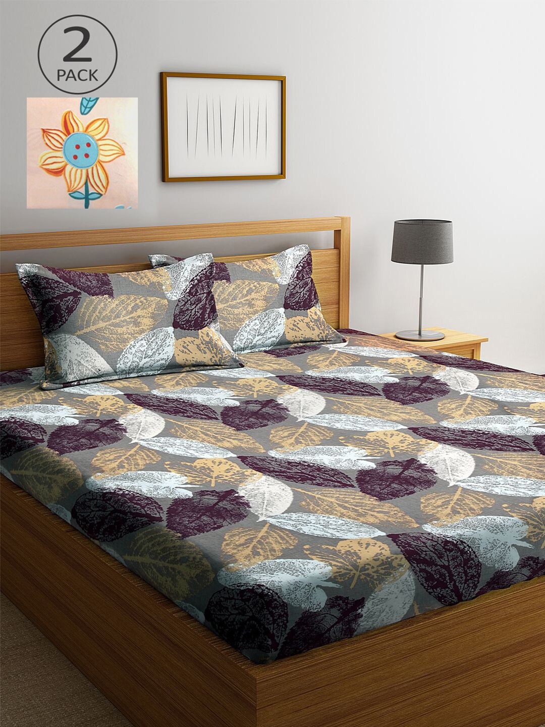 

KLOTTHE Peach-Coloured & Grey Floral 210 TC 2 King Bedsheet with 4 Pillow Covers