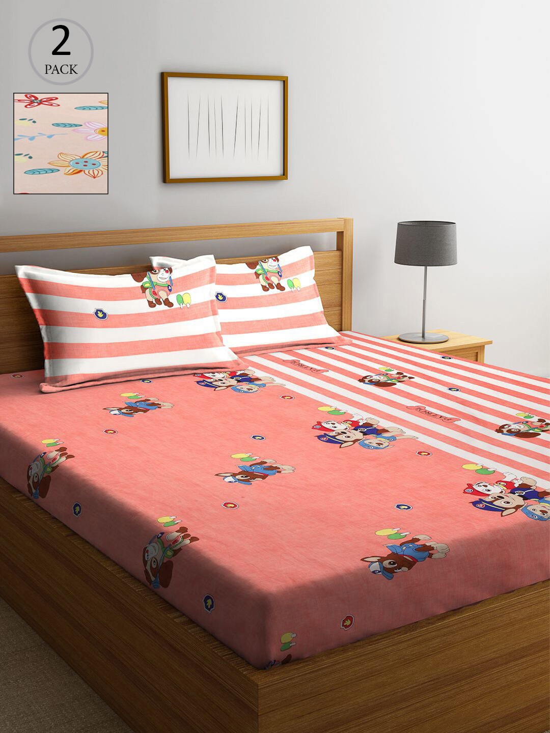 

KLOTTHE Peach-Coloured & Orange Cartoon Characters 210 TC 2 King Bedsheet with 4 Pillow Covers