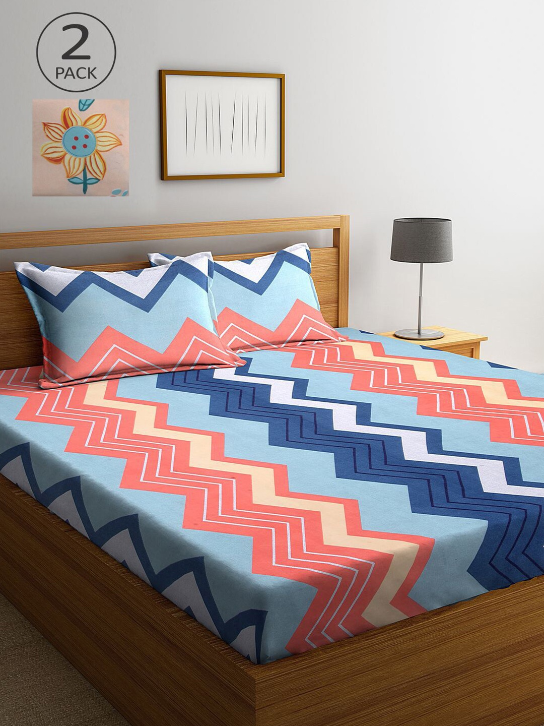 

KLOTTHE Peach-Coloured & Blue Geometric 210 TC 2 King Bedsheet with 4 Pillow Covers