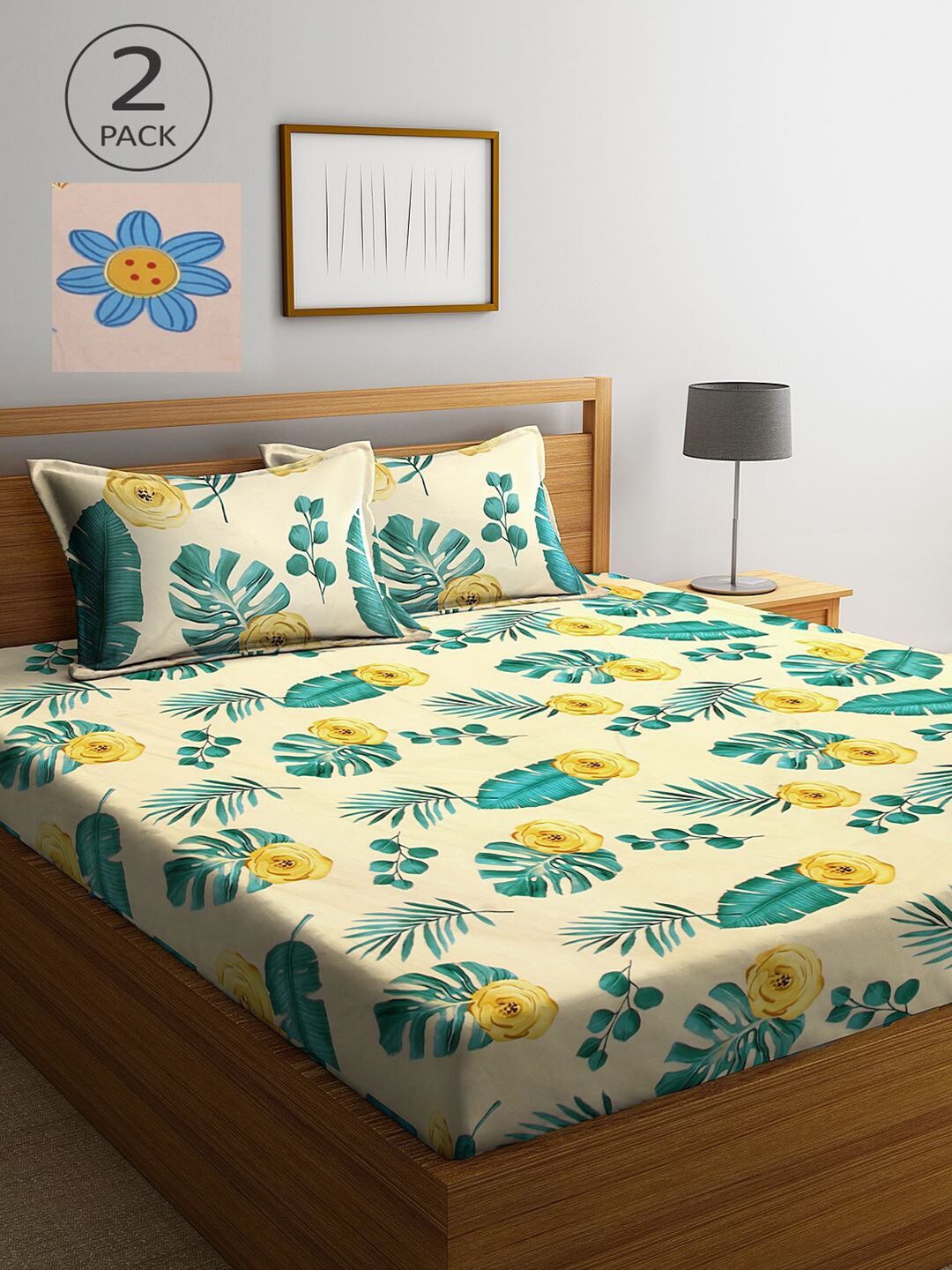 

KLOTTHE Peach-Coloured & Yellow Floral 210 TC 2 King Bedsheet with 4 Pillow Covers
