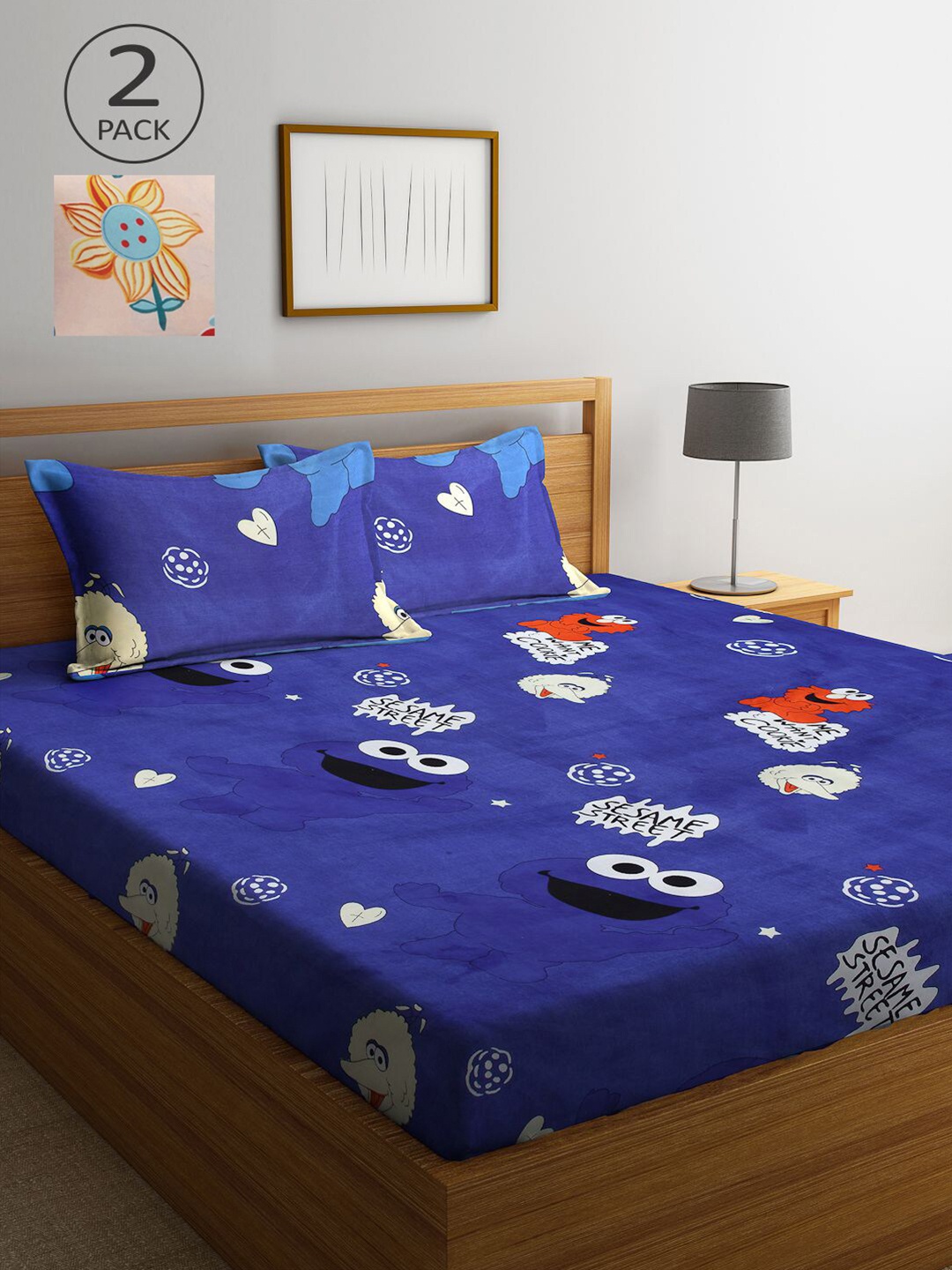 

KLOTTHE Peach-Coloured & Blue Cartoon Characters 210 TC 2 King Bedsheet with 4 Pillow Covers