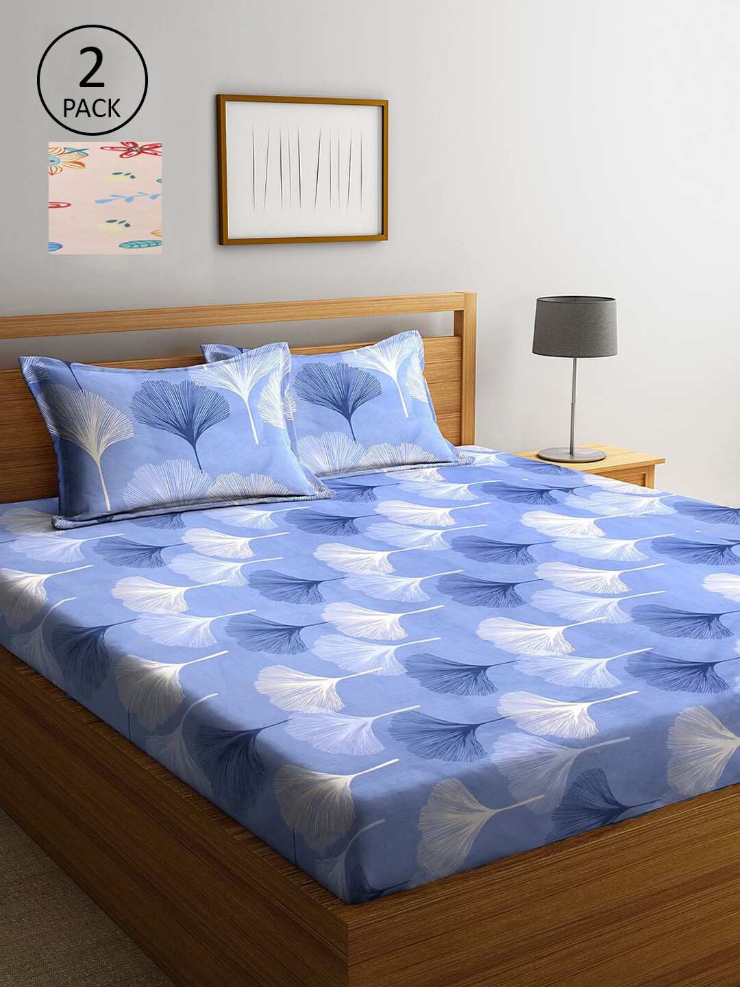 

KLOTTHE Blue & Peach-Coloured Floral 210 TC 2 King Bedsheet with 4 Pillow Covers