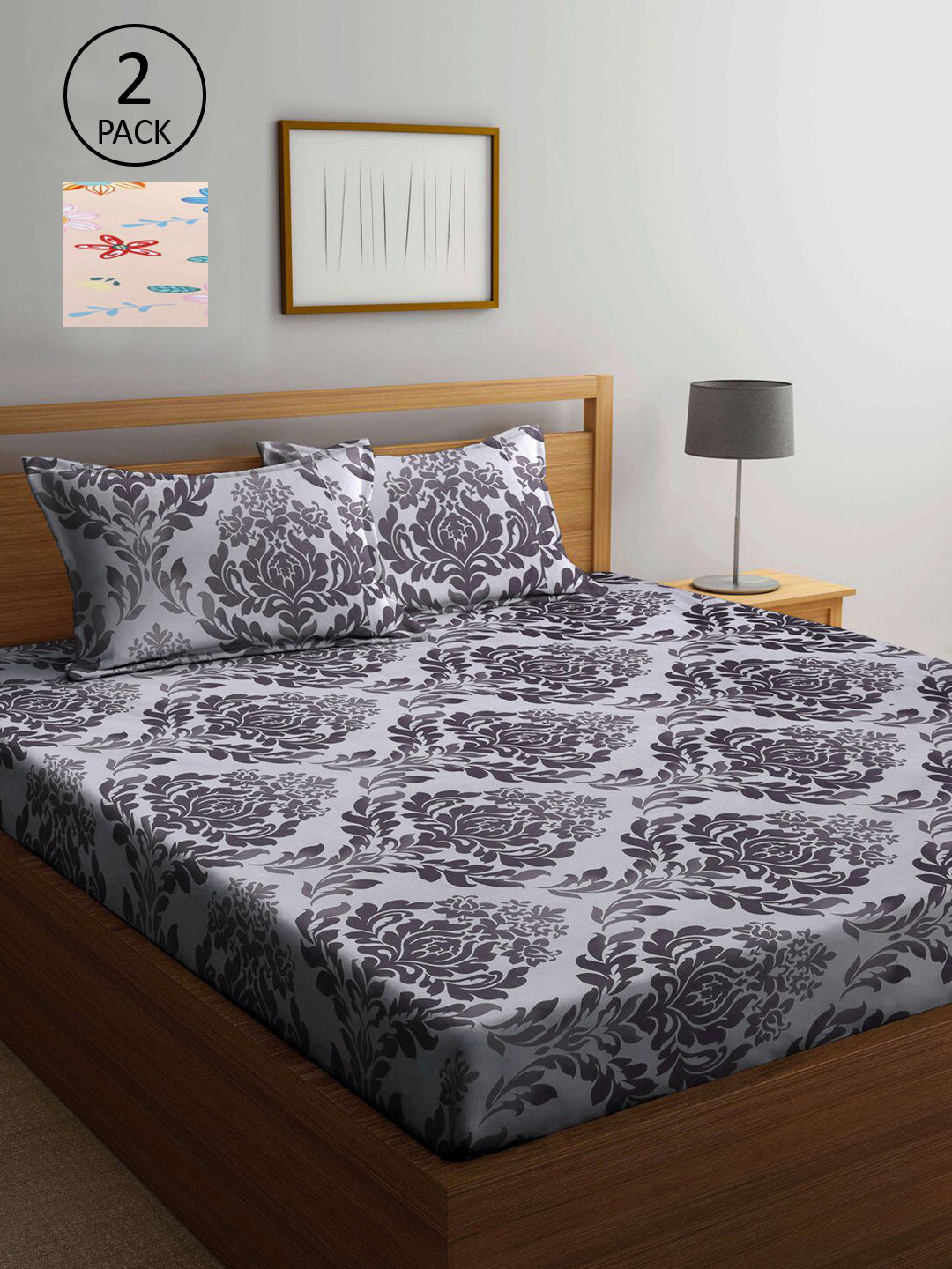 

KLOTTHE Grey & Peach-Coloured Floral 210 TC 2 King Bedsheet with 4 Pillow Covers