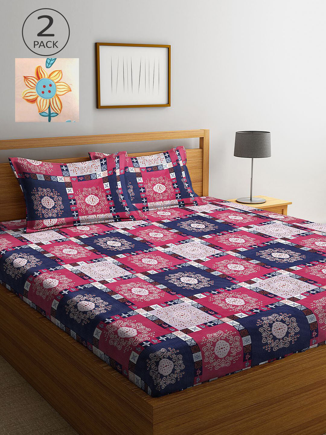 

KLOTTHE Peach-Coloured & Pink Geometric 210 TC 2 King Bedsheet with 4 Pillow Covers